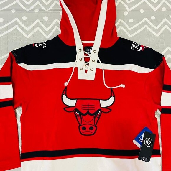 Vintage retro 47 brand chicago bulls lacer laced hoodie embroidered jacket - Picture 2 of 6